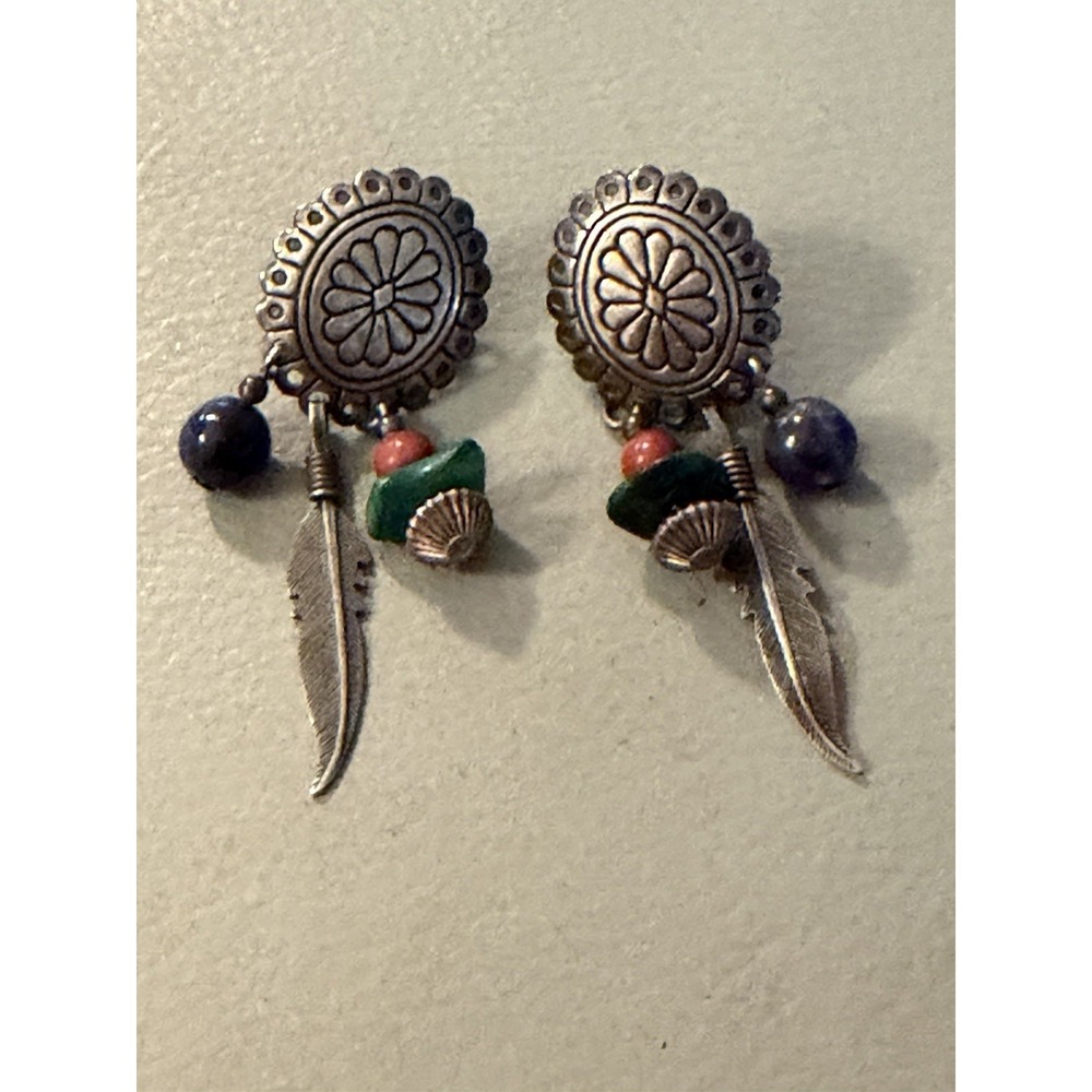 QT Quoc Turquoise Inc. Handstamped Earrings Sterling Turquoise Coral Lapis #419